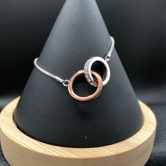 IBB Bolo Bracelet ALWAYS TOGETHER Love Rings Two Tone Pave Crystals Slider Chain - Picture 2 of 8